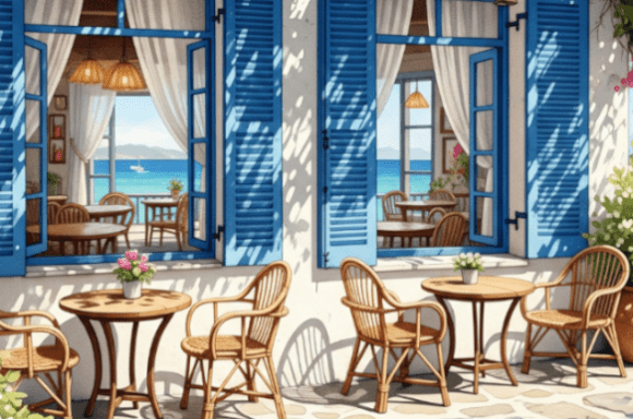 Download Mediterranean Seaside Café with Floral W - Premium Bundle